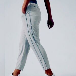 ATHLETA Brooklyn Mid Rise Striped City Joggers, Zip Pocket, gray and Cream